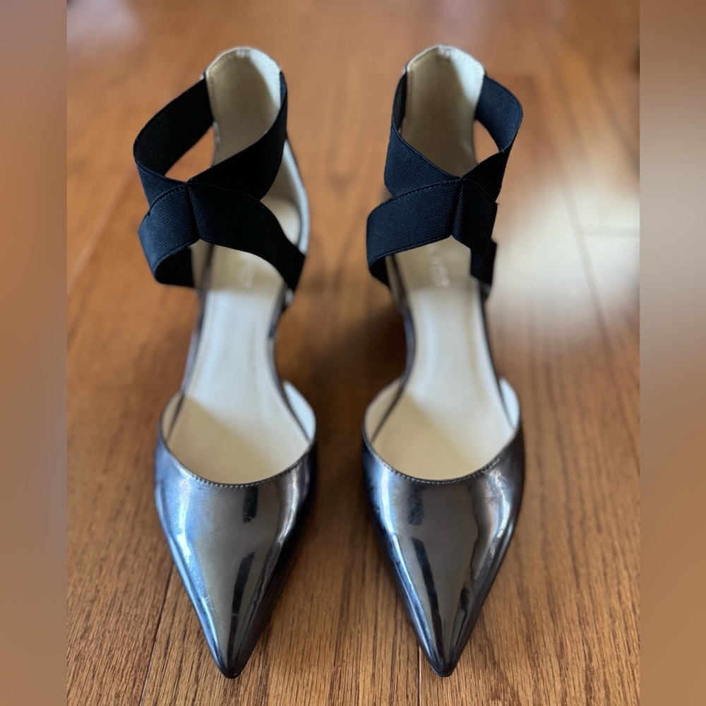 Nine West Silver Black Metallic Kitten Heel Pumps Sandals Shoes sz 7.5